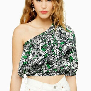 TOPSHOP women’s floral ruffle one shoulder cotton blouse Sz 8